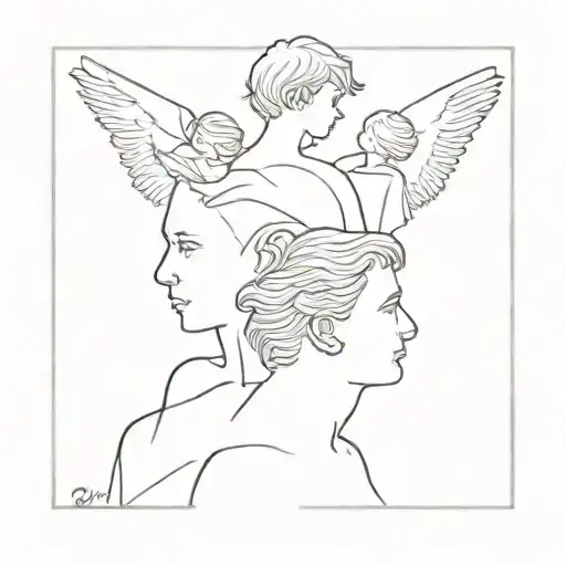 a boy with 2 angels on his shoulders  tattoo design idea