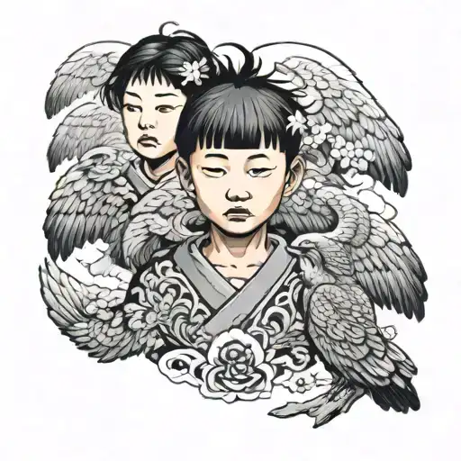 a boy with 2 angels on his shoulders  tattoo design idea