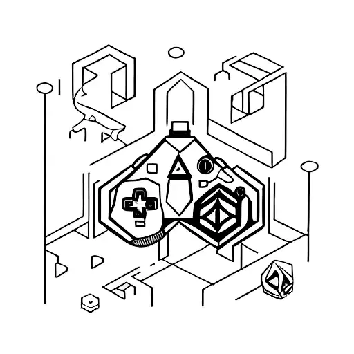 A minimalist tattoo of a gaming controller intertwined with architectural elements tattoo design idea