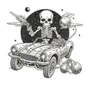 A futuristic design of a skeleton driving a sports car through a galaxy filled with planets tattoo design idea