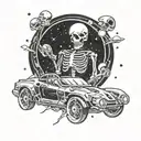 A futuristic design of a skeleton driving a sports car through a galaxy filled with planets tattoo design idea