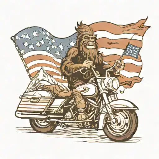 A mystical scene of Bigfoot riding a Harley road glide through the mountains, with the American flag flying in the background tattoo design idea