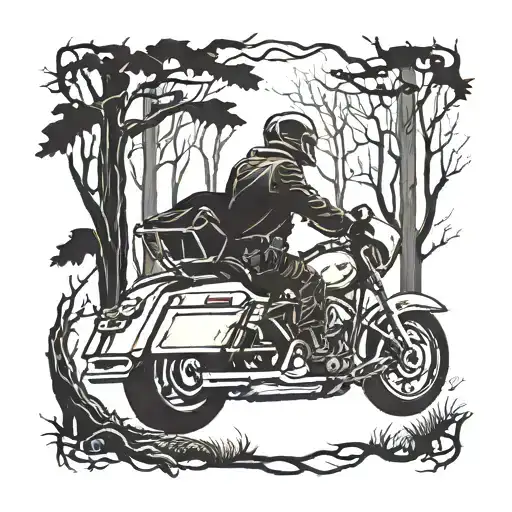 A ghostly silhouette of a Harley road glide motorcycle riding through a haunted forest tattoo design idea