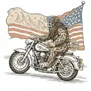 A mystical scene of Bigfoot riding a Harley road glide through the mountains, with the American flag flying in the background tattoo design idea