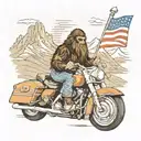 A mystical scene of Bigfoot riding a Harley road glide through the mountains, with the American flag flying in the background tattoo design idea