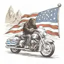 A mystical scene of Bigfoot riding a Harley road glide through the mountains, with the American flag flying in the background tattoo design idea