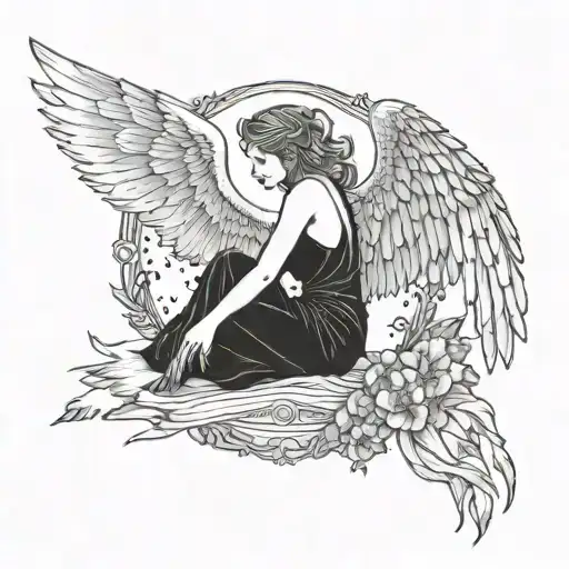 Angel with fallen wings and broken halo tattoo design idea