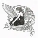 Angel with fallen wings and broken halo tattoo design idea