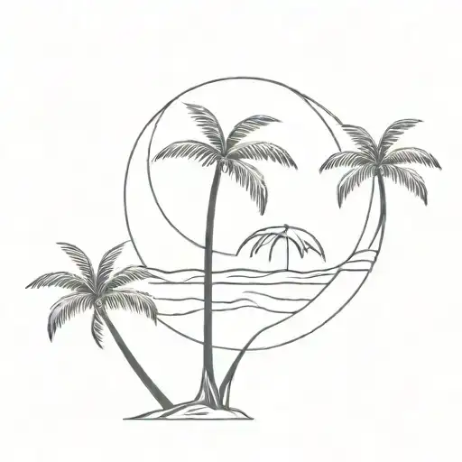 Moon, sea and palm tree All together intertwined fine lines tattoo design idea