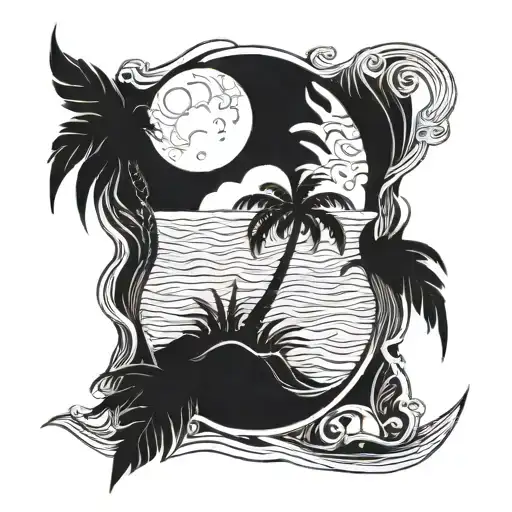 Moon, sea and palm tree All together intertwined fine lines tattoo design idea