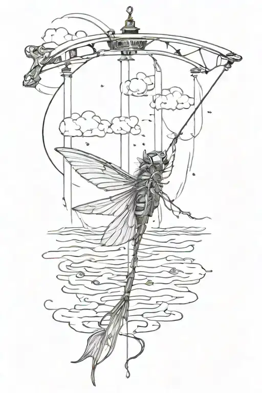 Create tattoo on arm Black and white With fly dangling vertically from fishing line and on a horizontal line is a landsc tattoo design idea