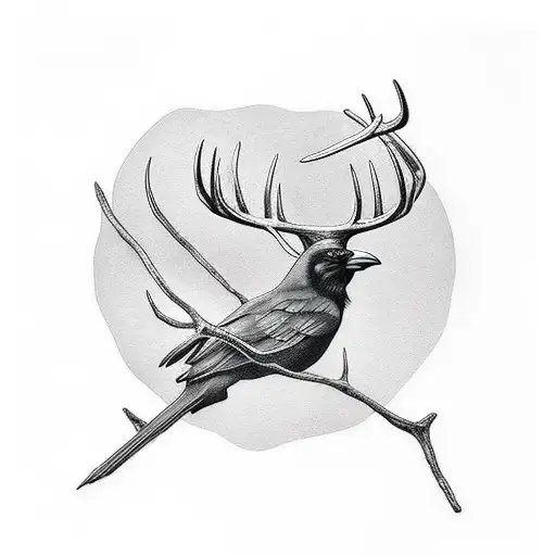 Crow standing on deer tattoo design idea