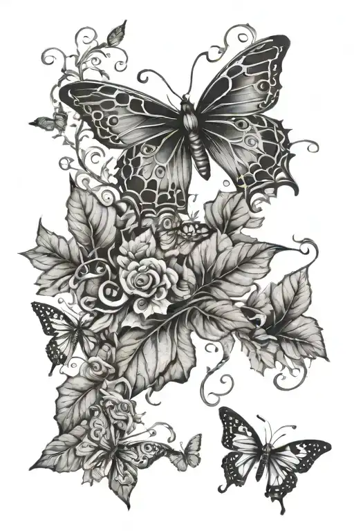 vines and leaves and caterpillars and butterflies  tattoo design idea