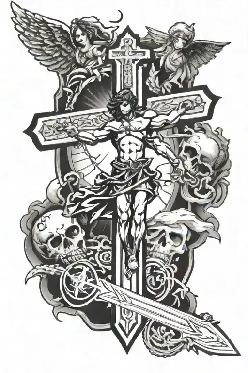 forearm tattoo with 3 crosses at the bottom and saint michael above them with a sword tattoo design idea