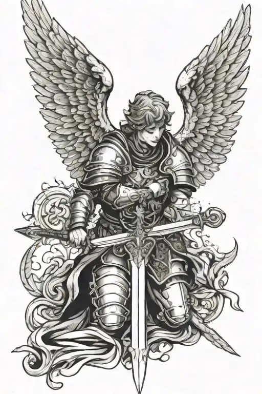 forearm tattoo with a angel wearing armor with wings and kneeling with a sword and above it a cross tattoo design idea
