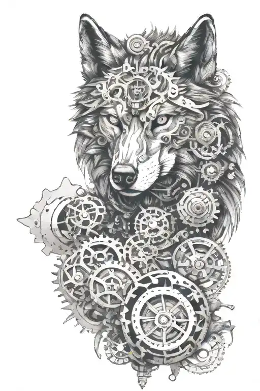 A majestic wolf in a steampunk style, surrounded by gears and mechanical elements tattoo design idea