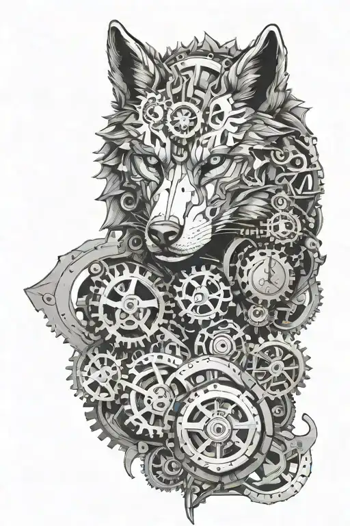 A majestic wolf in a steampunk style, surrounded by gears and mechanical elements tattoo design idea