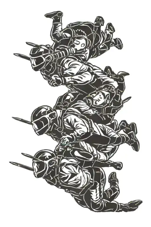 three silhouettes of skydivers on skydive with arrows in the background tattoo design idea