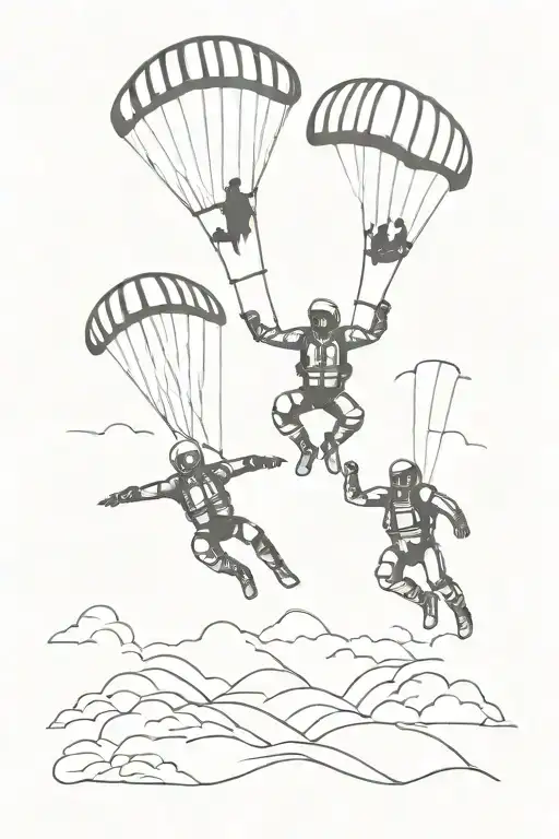 three silhouettes of skydivers on skydive arrow on background tattoo design idea