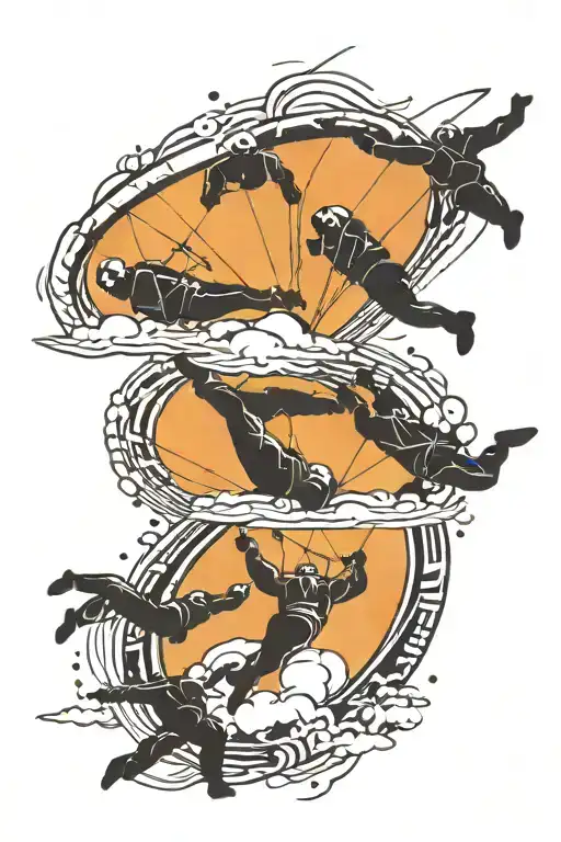 three silhouettes of skydivers on skydive with arrows in the background tattoo design idea