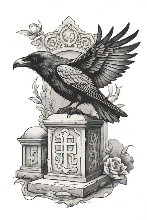 raven on a tomb stone tattoo design idea