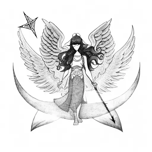 A blackwork tattoo of a girl waifu with angel wings, holding a book of spells and surrounded by mystical symbols and runes. tattoo design idea