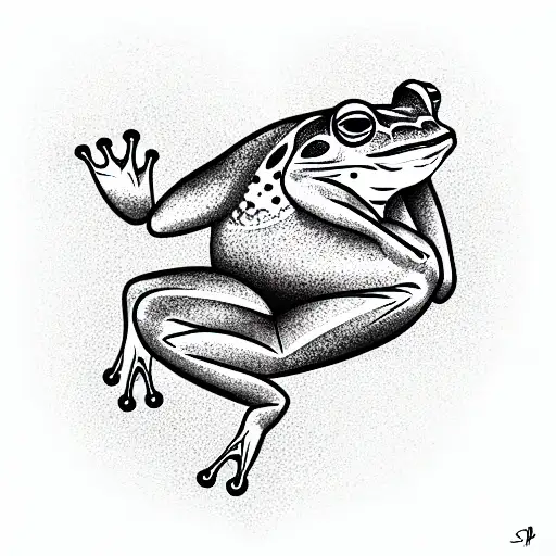 The tattoo depicts a stylized frog in a sitting position, with its front legs sl tattoo design idea