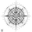A tattoo of a compass rose with intricate line work and geometric patterns, representing your love for travel and exploration tattoo design idea