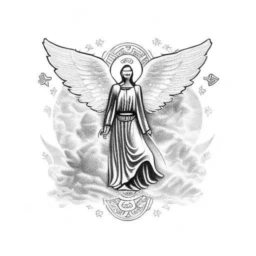 An angel tattooed and armed on top of a pile of money, praying with a rosary in hand tattoo design idea