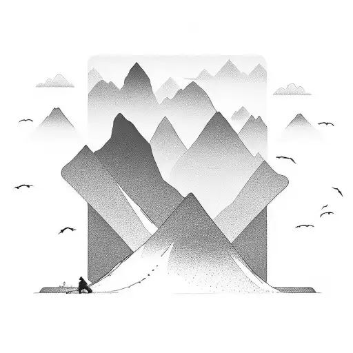 A silhouette of a traveler with a camera in hand, standing in front of a majestic mountain range tattoo design idea