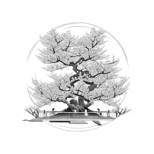 Japanese temple with cherry blossom trees tattoo design idea