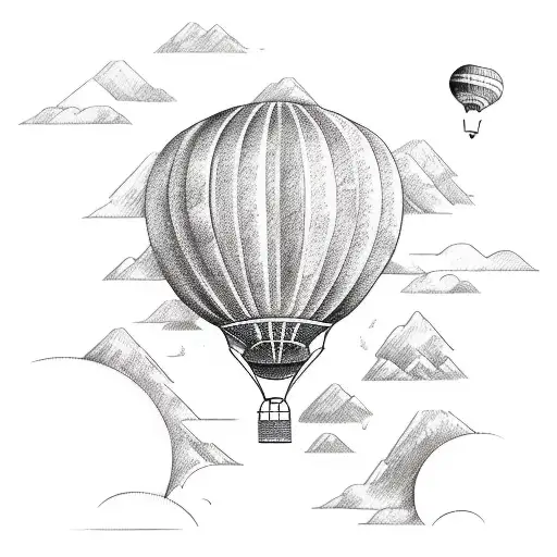 A sketch style tattoo of a hot air balloon drifting over a scenic landscape at sunrise tattoo design idea