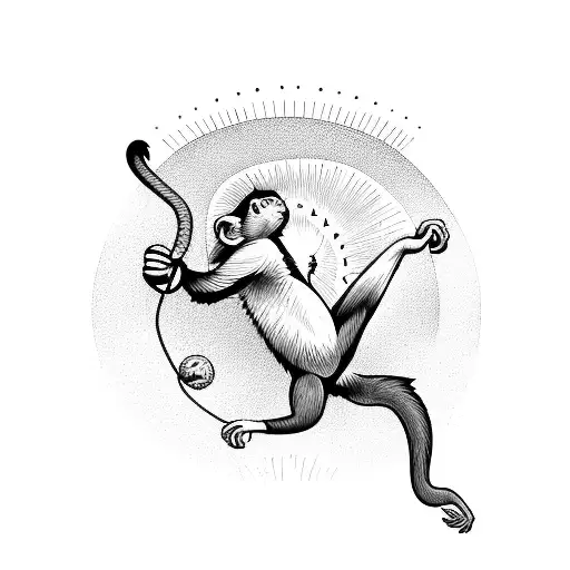 A playful monkey swinging from a radiant sun tattoo design idea