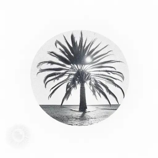 Surreal palm tree and sun landscape with a dreamy, otherworldly vibe tattoo design idea