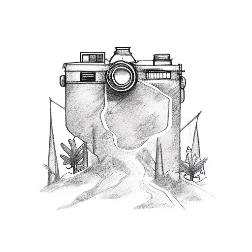 A series of small camera sketches forming a trail leading to a mysterious destination, with passport stamps as background tattoo design idea