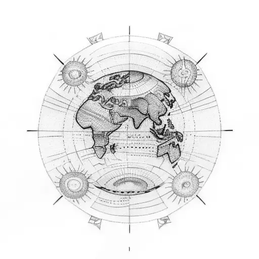 A dotwork tattoo of a map of the world with a shining sun at its center, symbolizing the client's love for exploration tattoo design idea