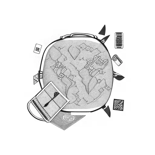 A blackwork design of a vintage suitcase covered in travel stickers, representing a life full of adventures tattoo design idea