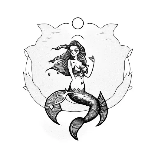 A mermaid lounging on a sun-soaked beach with a surfboard tattoo design idea