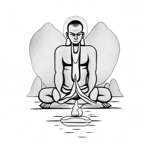 Meditating monk in front of a tropical temple tattoo design idea