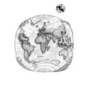 A detailed world map with landmarks from all the places you've traveled to, intertwined with a camera lens tattoo design idea