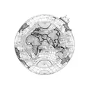 A detailed world map with landmarks from all the places you've traveled to, intertwined with a camera lens tattoo design idea