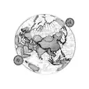 A detailed world map with landmarks from all the places you've traveled to, intertwined with a camera lens tattoo design idea