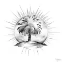 Sketch-style palm tree and sun design with a watercolor background tattoo design idea