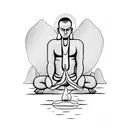 Meditating monk in front of a tropical temple tattoo design idea