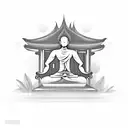 Meditating monk in front of a tropical temple tattoo design idea