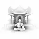 Meditating monk in front of a tropical temple tattoo design idea