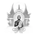 Meditating monk in front of a tropical temple tattoo design idea