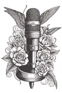 1970s microphone with flowers and hummingbird hovering tattoo design idea