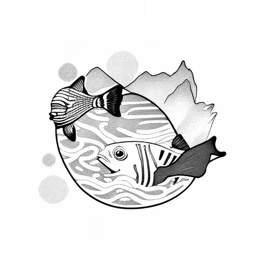 NEMS wording with clownfish and mountains tattoo design idea