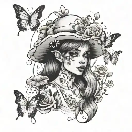 mushroom girl in front of Smokey melting eyes and butterflies around tattoo design idea